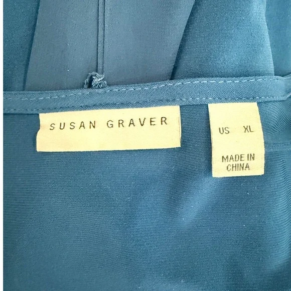 Susan Graver Teal Blue Tie Neck Mixed Media Chiffon Hem Tunic Top XL - Picture 2 of 7